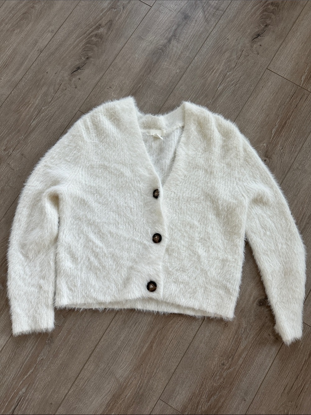 H&M Cream Fuzzy V-Neck Button Cardigan